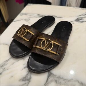 Louis Vuitton Brown Monogram Lock it Flat Mule Sandals with Black Footbed
